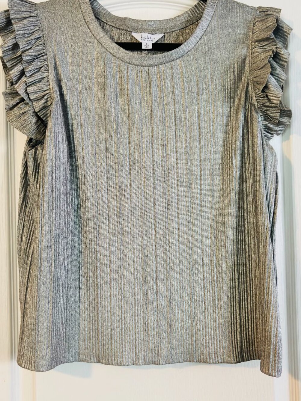 Nicole Miller NY Silver Metallic Rib Knit Ruffle Sleeve Top Women's Large